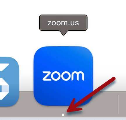 The image shows a portion of a macOS dock, featuring the Zoom application icon prominently in the center. Above the Zoom icon, there is a tooltip displaying "zoom.us," indicating the application name and its web address. Below the Zoom icon, there is a small white dot, which signifies that the Zoom application is currently running.